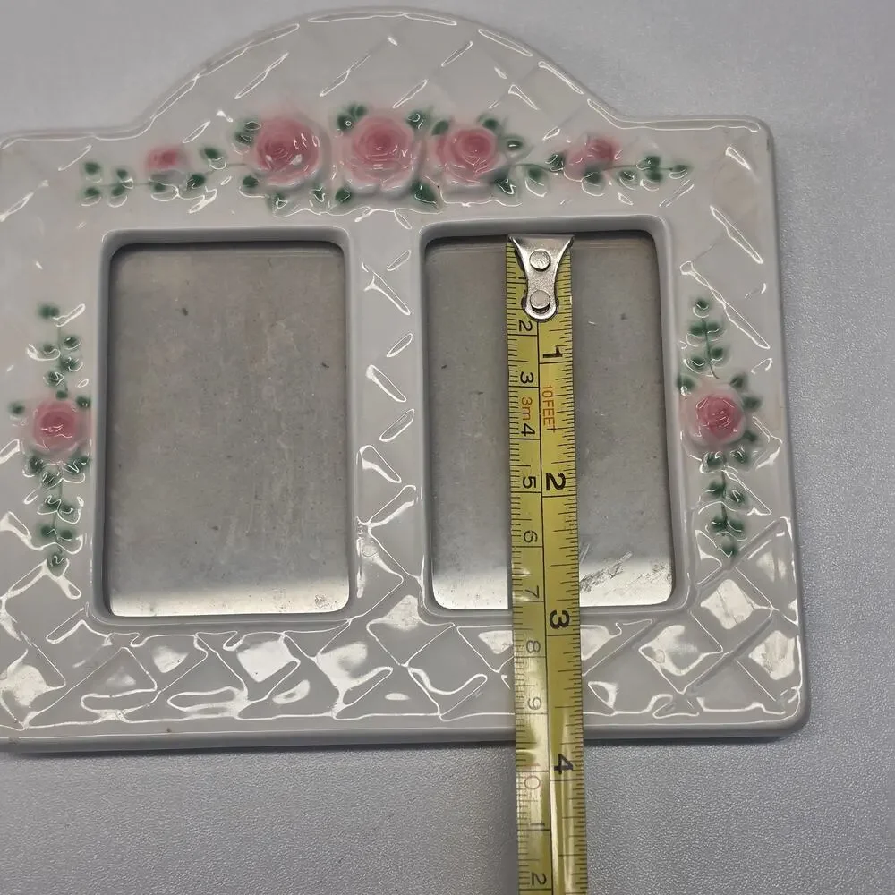 Fitz and Floyd Blushing Rose White Ceramic Double Photo Frame Cottagecore Shabby